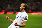Tottenham striker Harry Kane celebrates after scoring on his debut for England