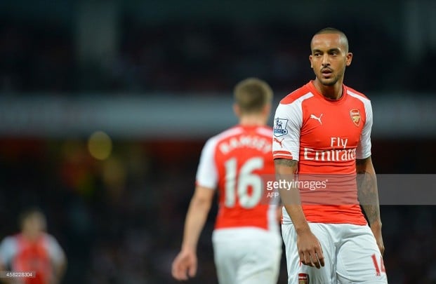 Striker Theo Walcott watches on whilst in action for Arsenal