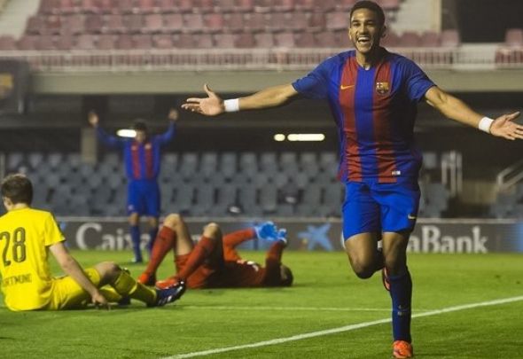 Jordi Mboula celebrates scoring a goal for Spanish club Barcelona