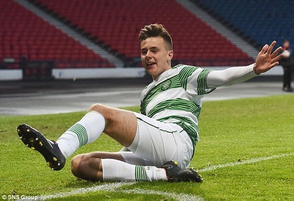 Josh Kerr of Celtic celebrates scoring a goal