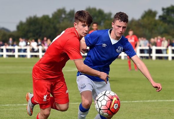 Nathan Broadhead battles for possession for his English Premier League club Everton