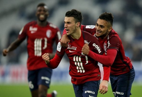Sebastien Corchia of Lille celebrates scoring a goal