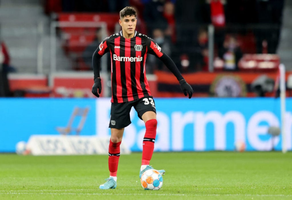Piero Hincapie in action for Bayer Leverkusen.