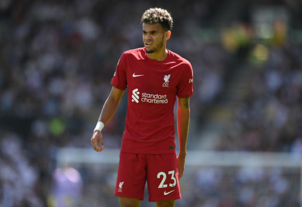 Liverpool winger Luis Diaz in a home shirt during a match.