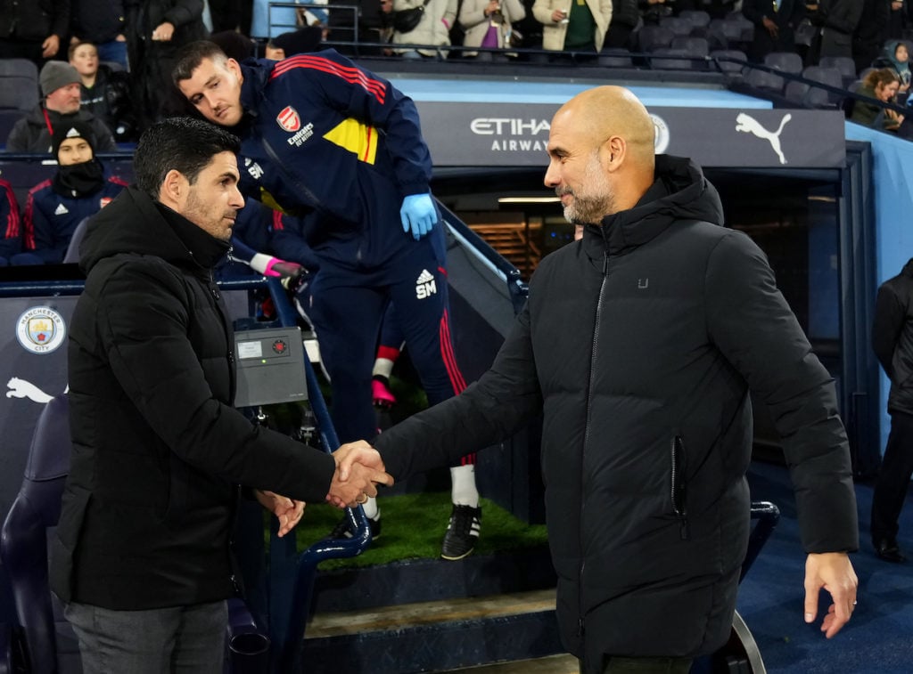Man City manager Pep Guardiola and Mikel Arteta pre-match.