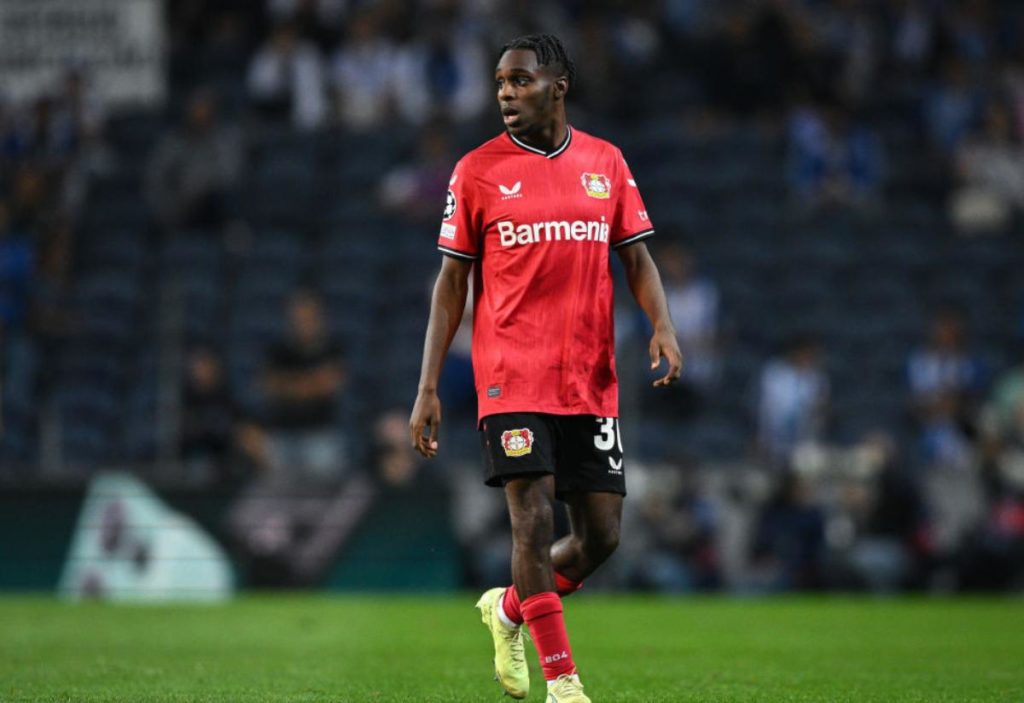 Jeremie Frimpong playing for Bayer Leverkusen