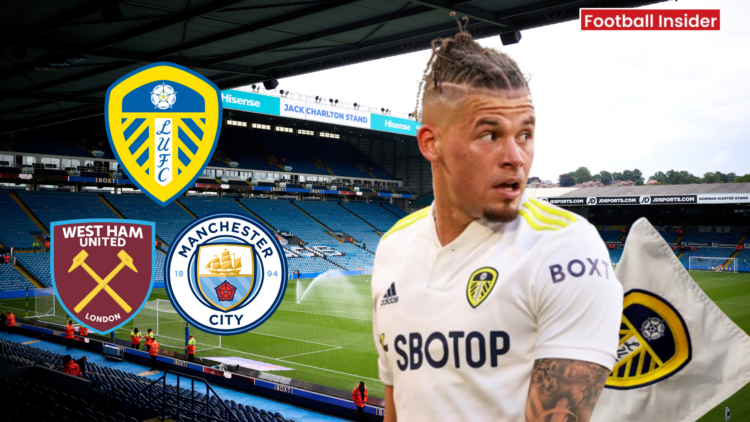 Kalvin Phillips, Leeds United badge, West Ham badge, Manchester City badge