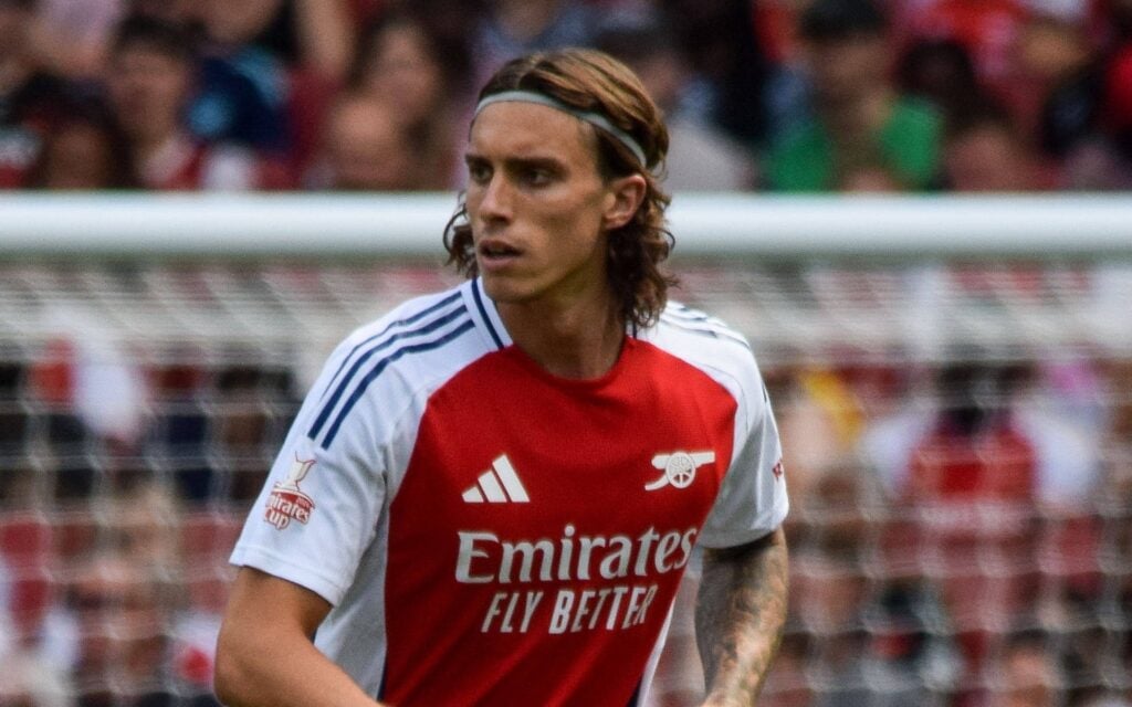 Riccardo Calafiori in action for Arsenal