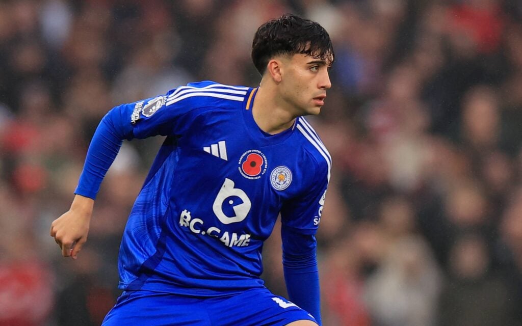 Facundo Buonanotte pictured playing in a Premier League match while on loan at Leicester City.