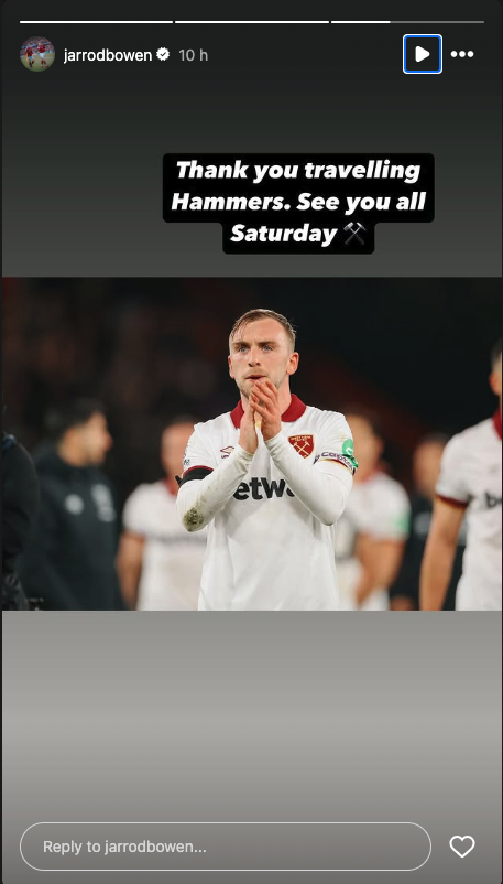 Jarrod Bowen Instagram West Ham
