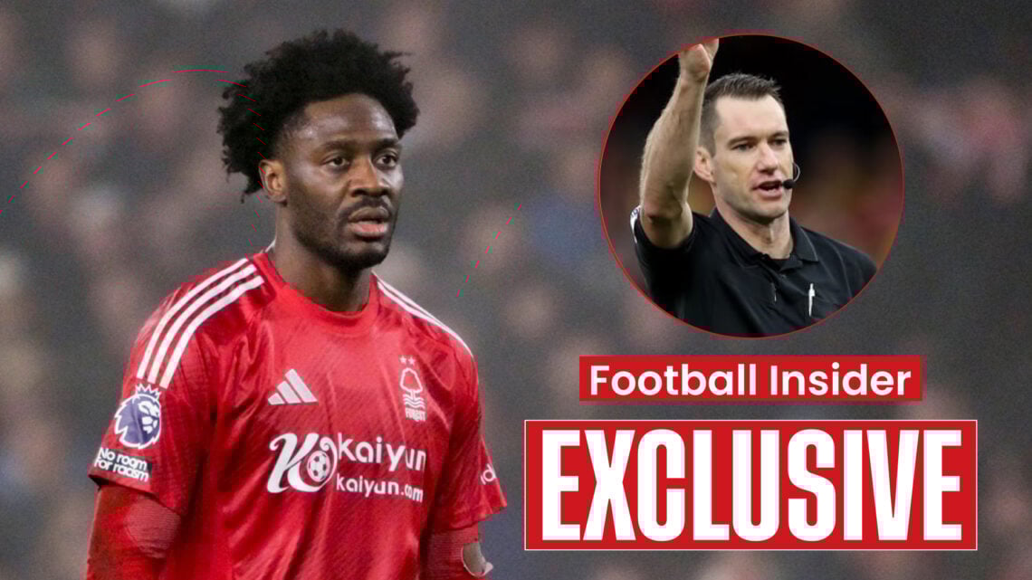Nottingham Forest defender Ola Aina and referee Jarred Gillett