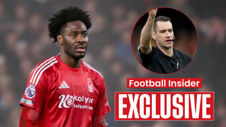 Nottingham Forest defender Ola Aina and referee Jarred Gillett