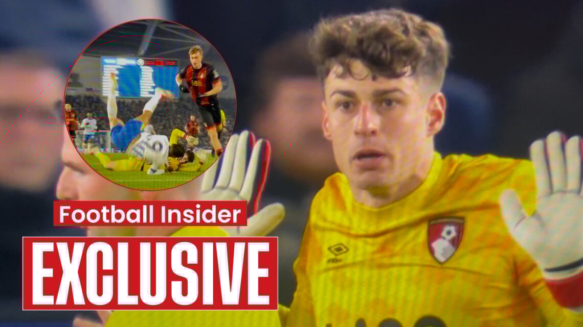 Referee Michael Oliver and Bournemouth goalkeeper Kepa Arrizabalaga