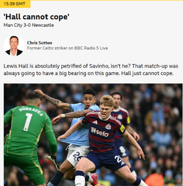 Man City Newcastle Chris Sutton on Lewis Hall vs Savinho