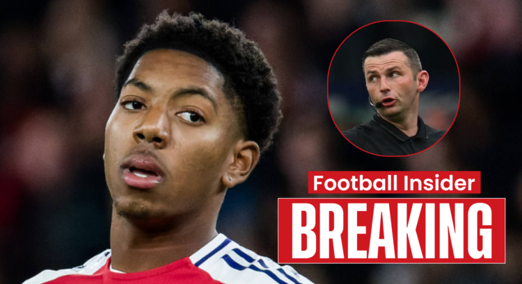 Arsenal defender Myles Lewis-Skelly and referee Michael Oliver