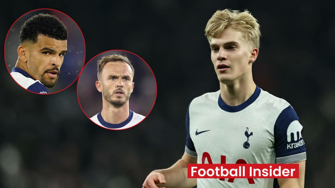 Tottenham players Lucas Bergvall, Dominic Solanke and James Maddison