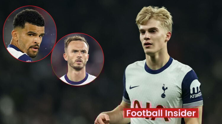 Tottenham players Lucas Bergvall, Dominic Solanke and James Maddison