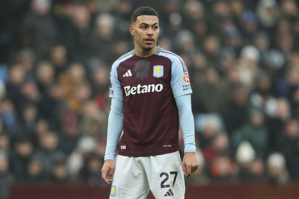 Morgan Rogers on a football pitch in an Aston Villa home shirt.