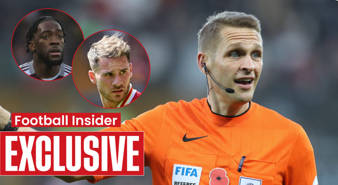 Referee Craig Pawson, Aston Villa defender Axel Disasi and Liverpool midfielder Alexis Mac Allister