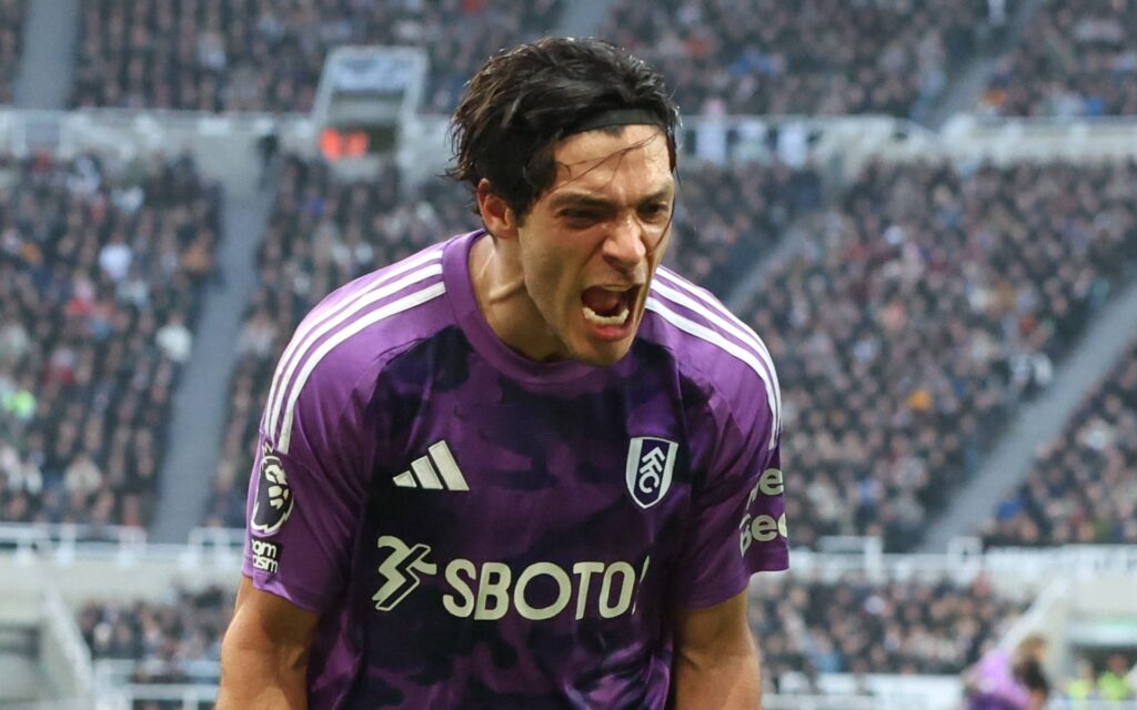 Raul Jimenez, Fulham in a purple shirt screaming with joy