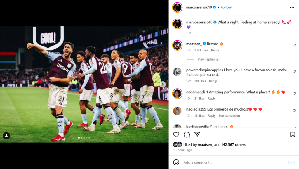 Marco Asensio celebrates his Aston Villa goals