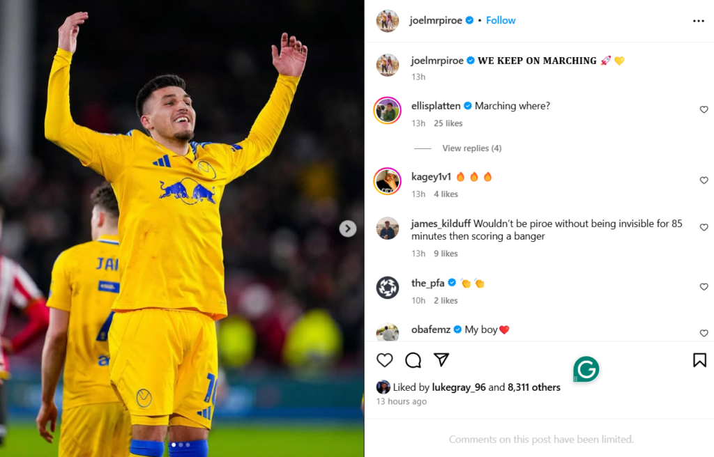 Joel Piroe celebrates scoring for Leeds