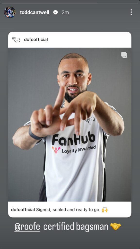 Blackburn Rovers attacker Todd Cantwell reacts as former Rangers teammate Kemar Roofe joins Derby County