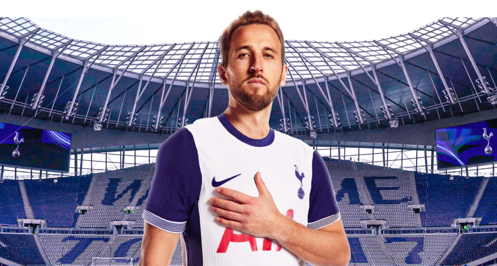 Harry Kane in a Tottenham shirt in front of the stadium