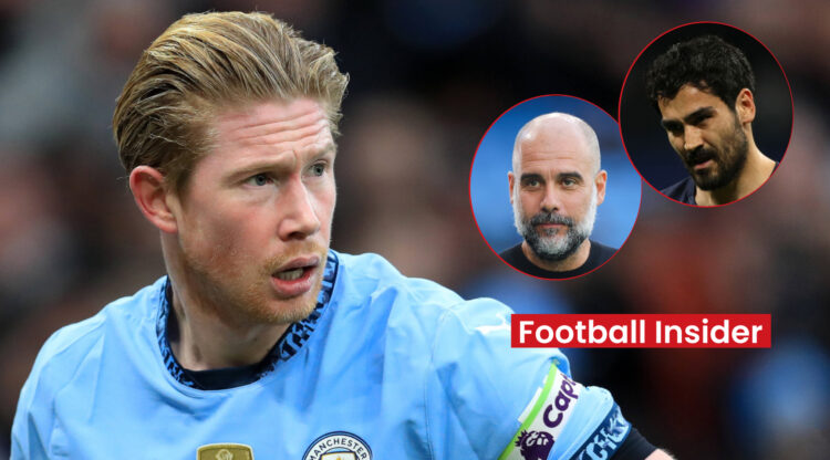 Man City manager Pep Guardiola and midfielder Kevin De Bruyne and Ilkay Gundogan
