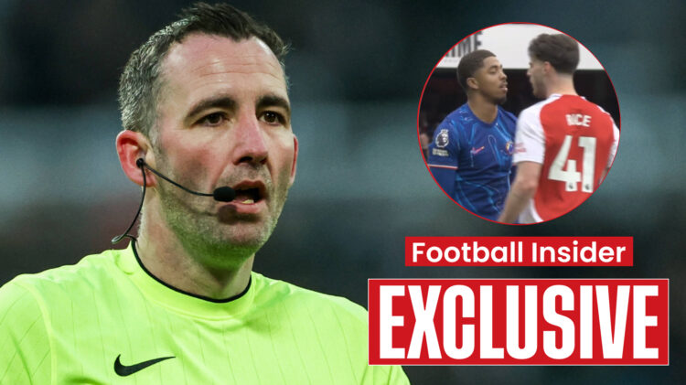 Referee Chris Kavanagh, Chelsea defender Wesley Fofana and Arsenal midfielder Declan Rice