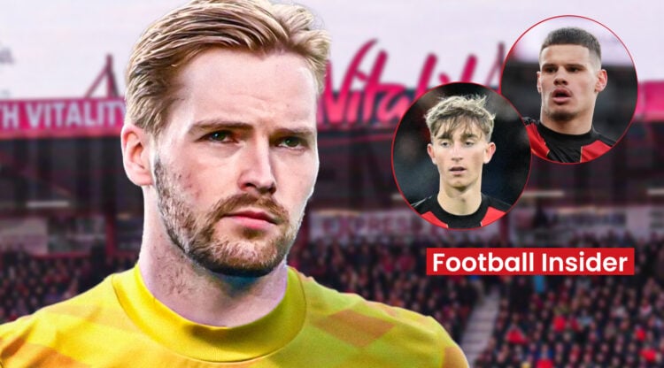 Liverpool goalkeeper Caoimhin Kelleher and Bournemouth players Dean Huijsen and Milos Kerkez