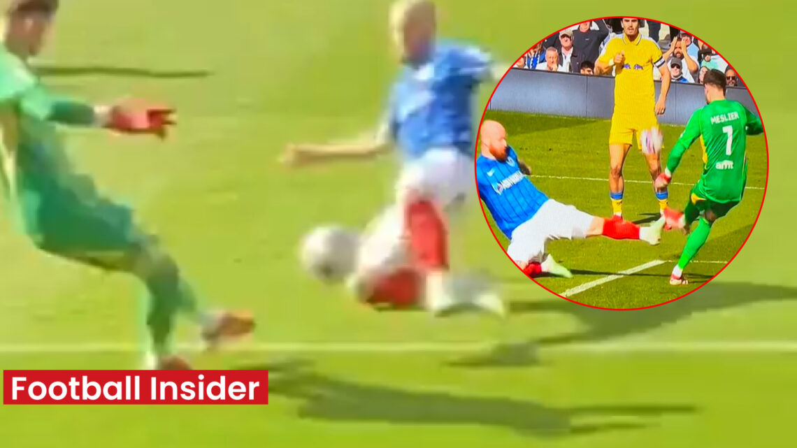 Leeds goalkeeper Illan Meslier was the victim of a late challenge v Portsmouth