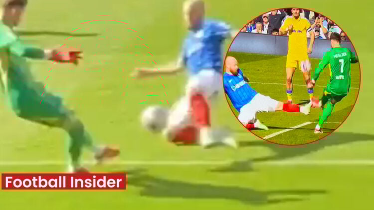 Leeds goalkeeper Illan Meslier was the victim of a late challenge v Portsmouth