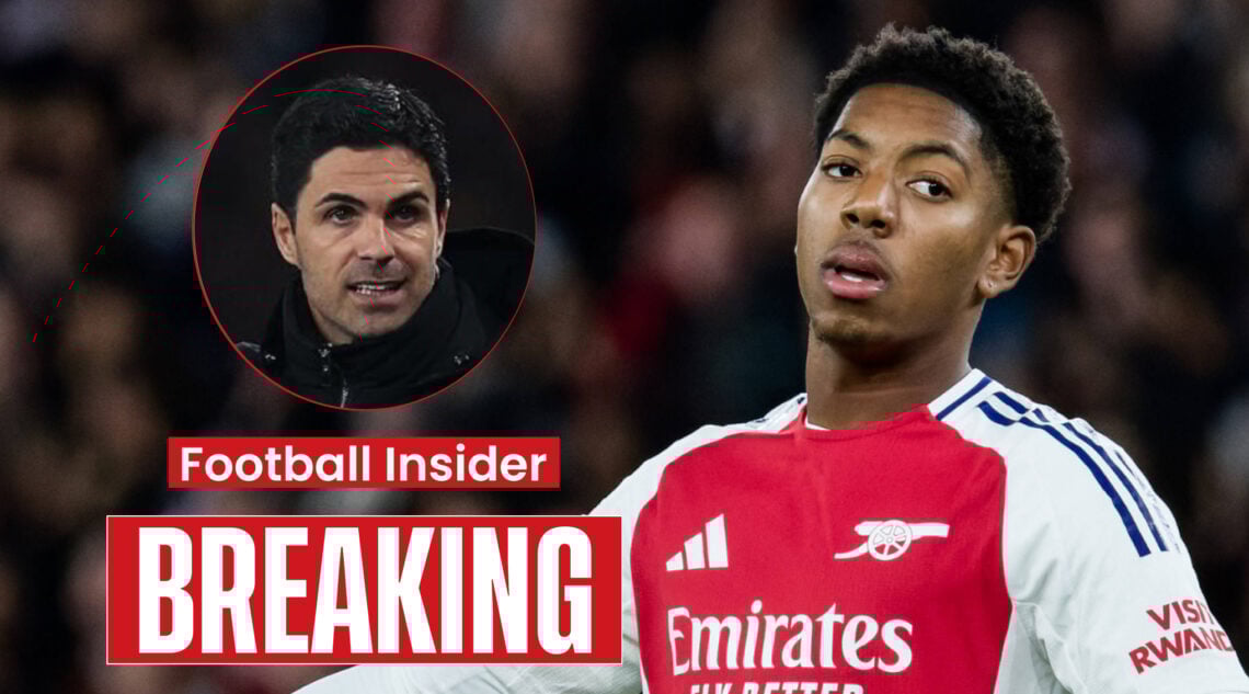 Arsenal manager Mikel Arteta and defender Myles-Lewis Skelly