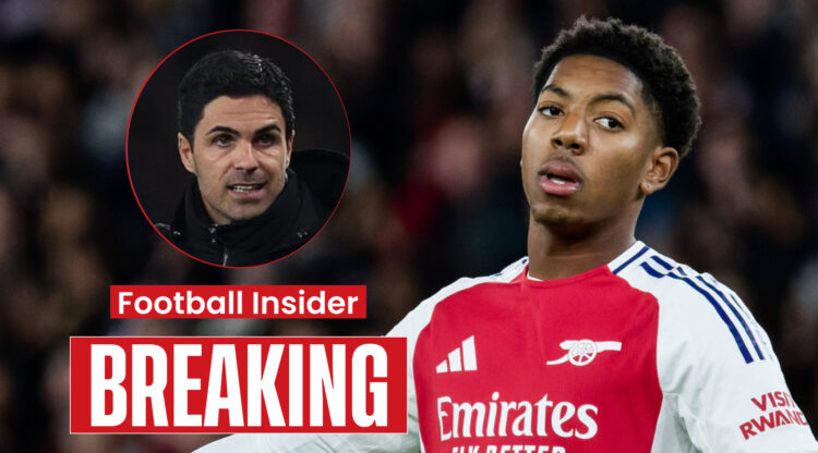 Arsenal manager Mikel Arteta and defender Myles-Lewis Skelly