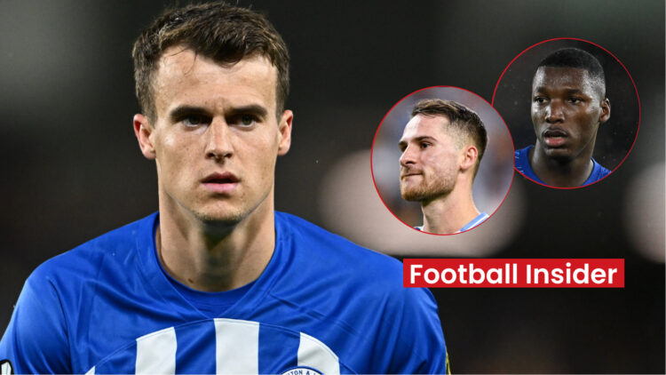 Brighton player Solly March, Liverpool player Alexis Mac Allister and Chelsea player Moises Caicedo