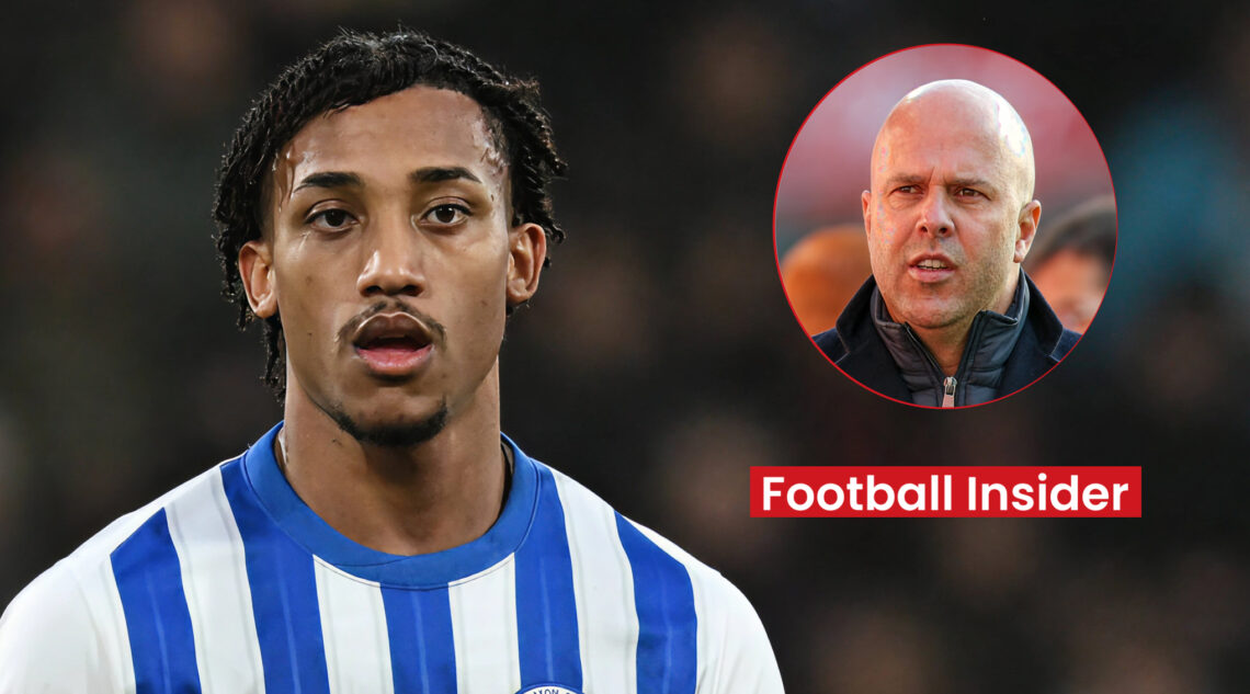 Brighton forward Joao Pedro and Liverpool manager Arne Slot