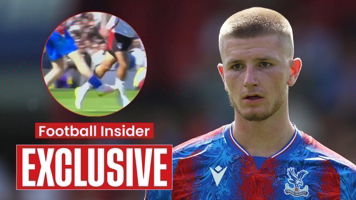 Crystal Palace midfielder Adam Wharton trips Fulham striker Rodrigo Muniz
