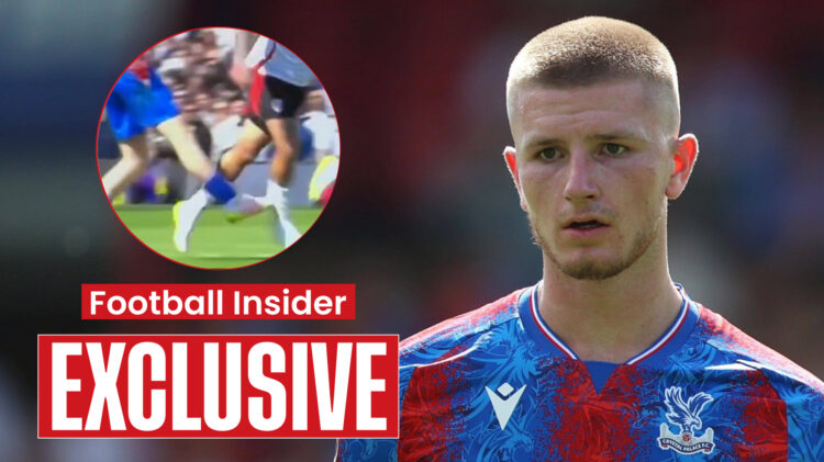 Crystal Palace midfielder Adam Wharton trips Fulham striker Rodrigo Muniz