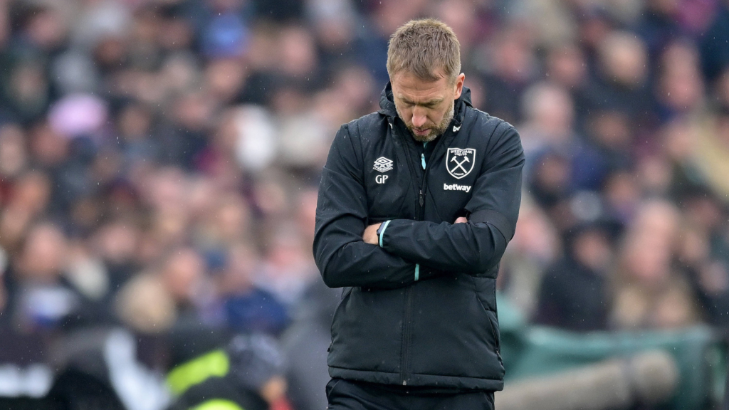 Graham Potter looks frustrated during a game with West Ham