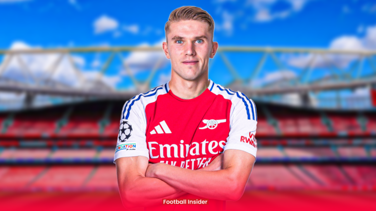 Arsenal striker Viktor Gyokeres against a back drop of Emirates Stadium.
