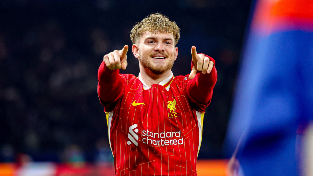 Harvey Elliott celebrates a goal for Liverpool.