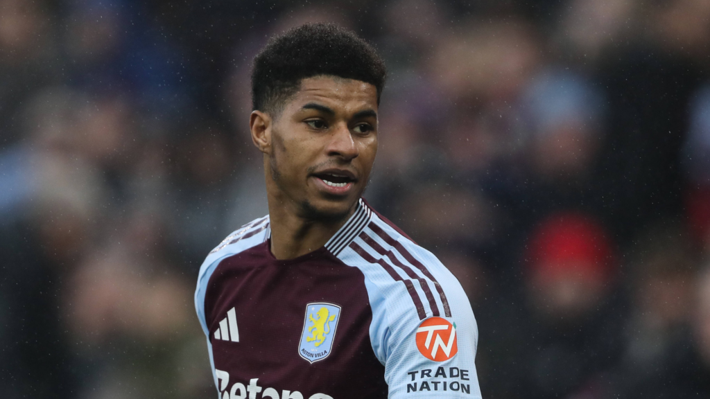 Marcus Rashford Aston Villa in claret and blue shirt