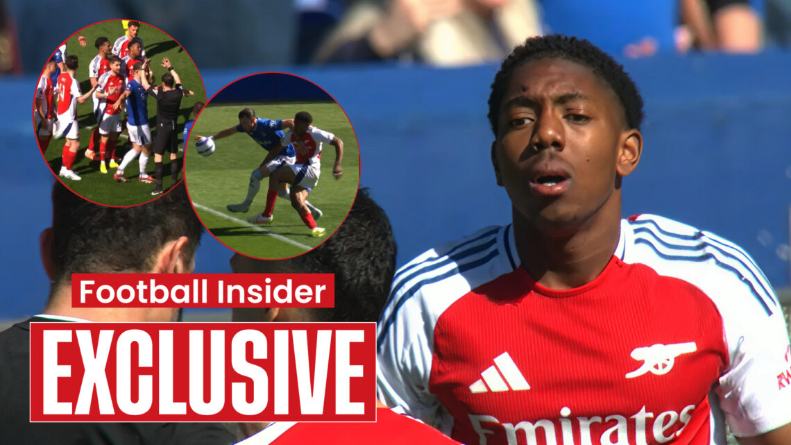 Arsenal defender Myles Lewis-Skelly protests penalty awarded by referee Darren England