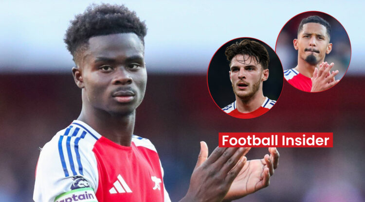 Arsenal players Bukayo Saka, Declan Rice and William Saliba