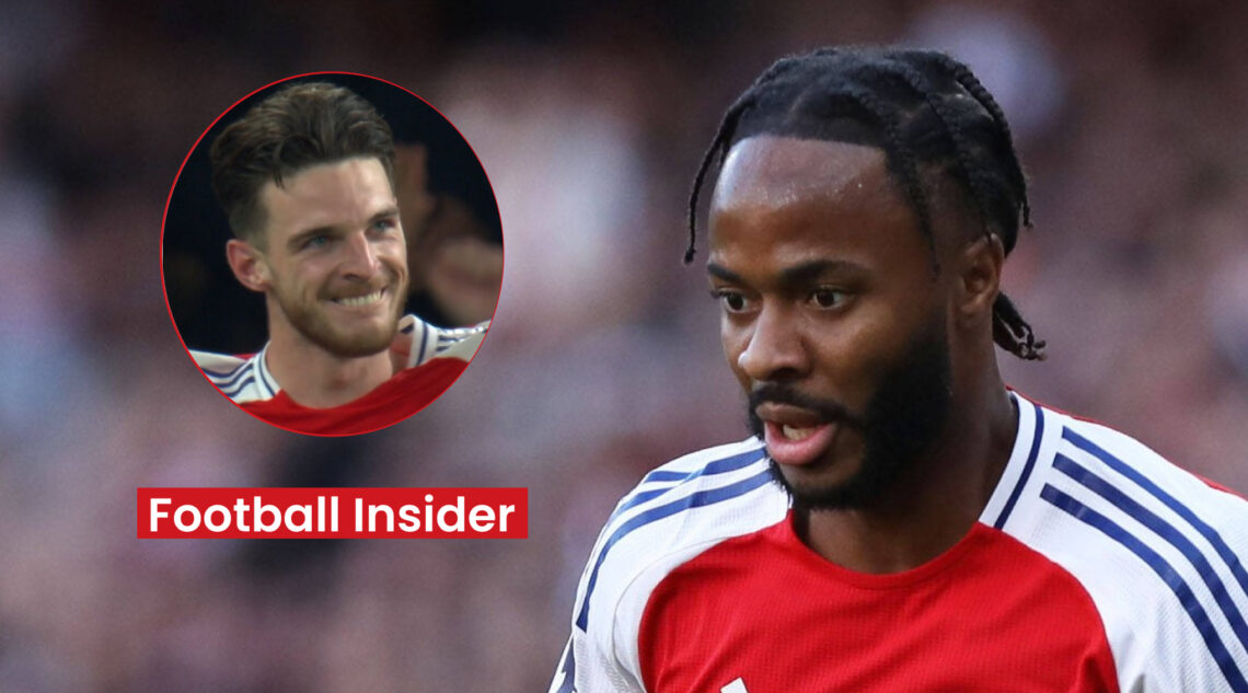 Arsenal players Raheem Sterling and Declan Rice