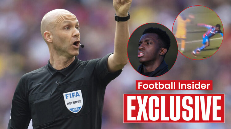 Referee Anthony Taylor and Crystal Palace striker Eddie Nketiah
