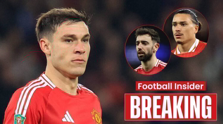 Man United's Bruno Fernandes and Manuel Ugarte, Liverpool's Darwin Nunez