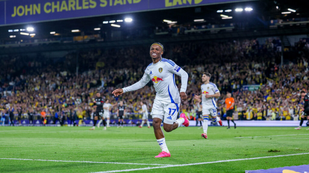 Largie Ramazani celebrating a goal for Leeds United