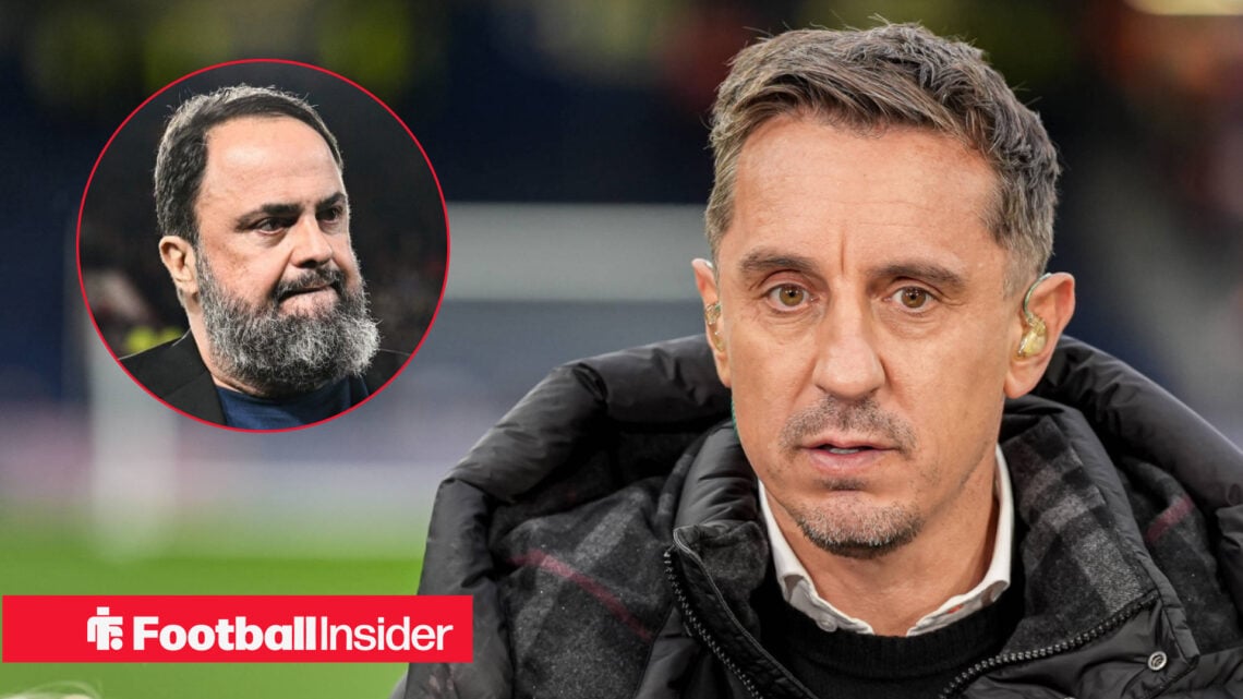 Gary Neville working for Sky Sports with Nottingham Forest owner Evangelos Marinakis included in a circular inset